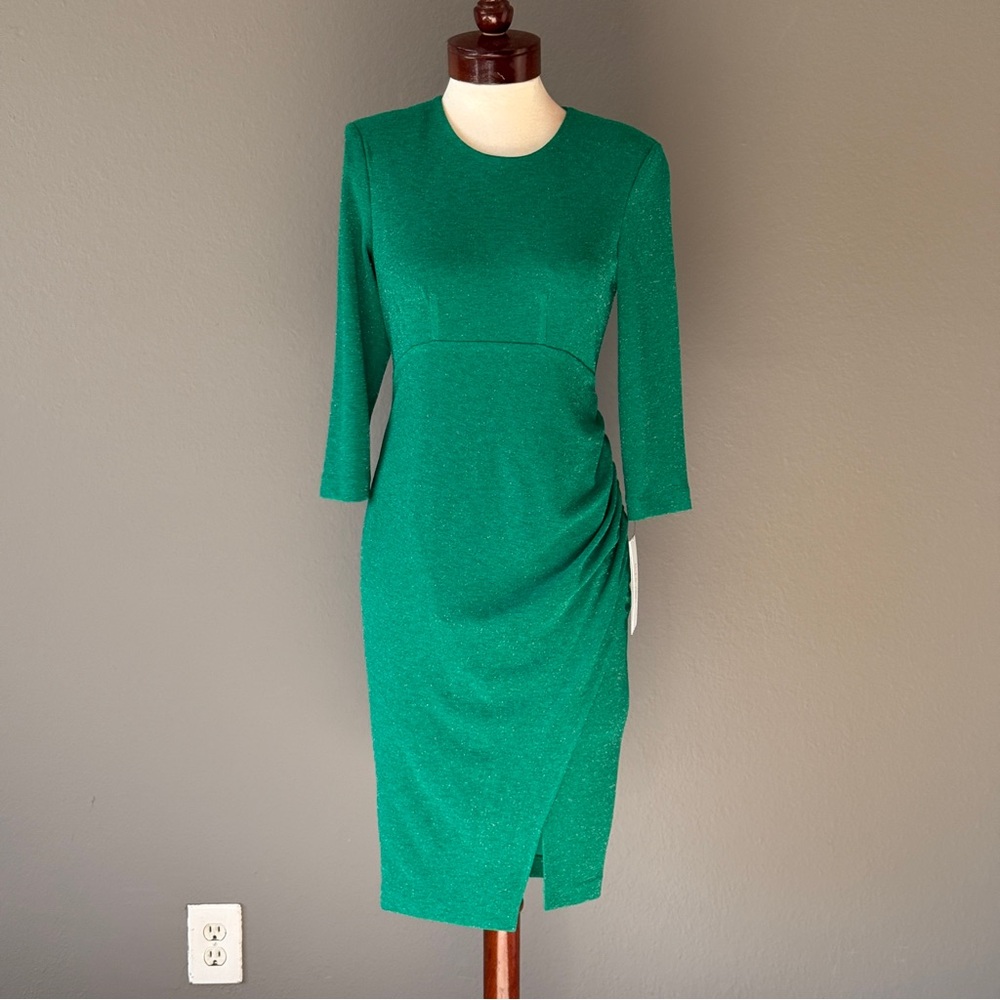 Calvin Klein NWT 3/4 Sleeve emerald green glitter dress Sz 4 Holiday party